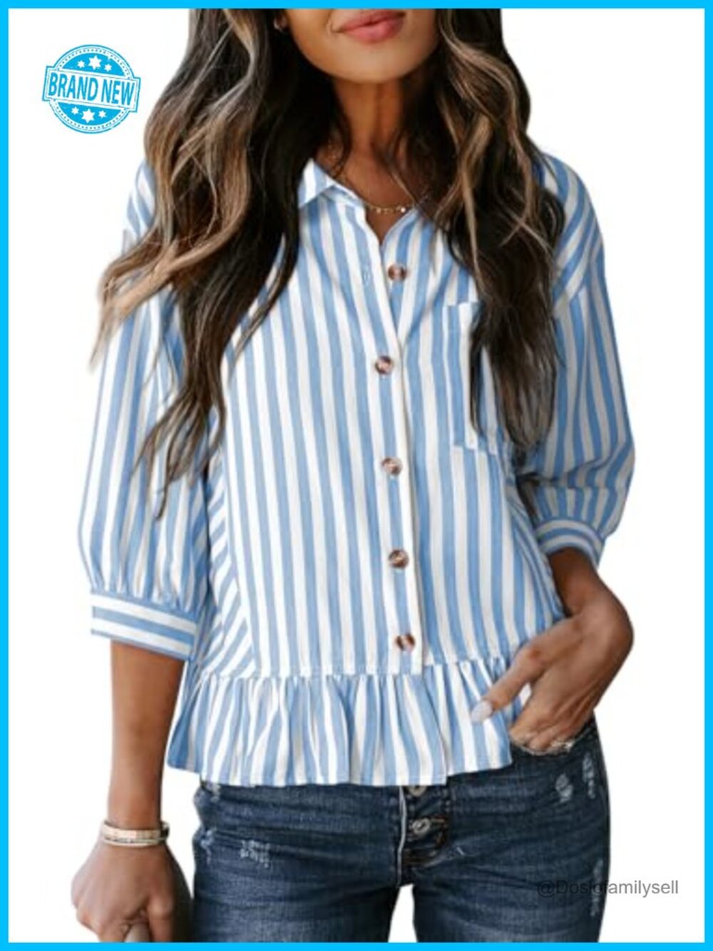 Womens Button Down Blouse 3/4 Sleeve Peplum Babydoll Striped Shirt